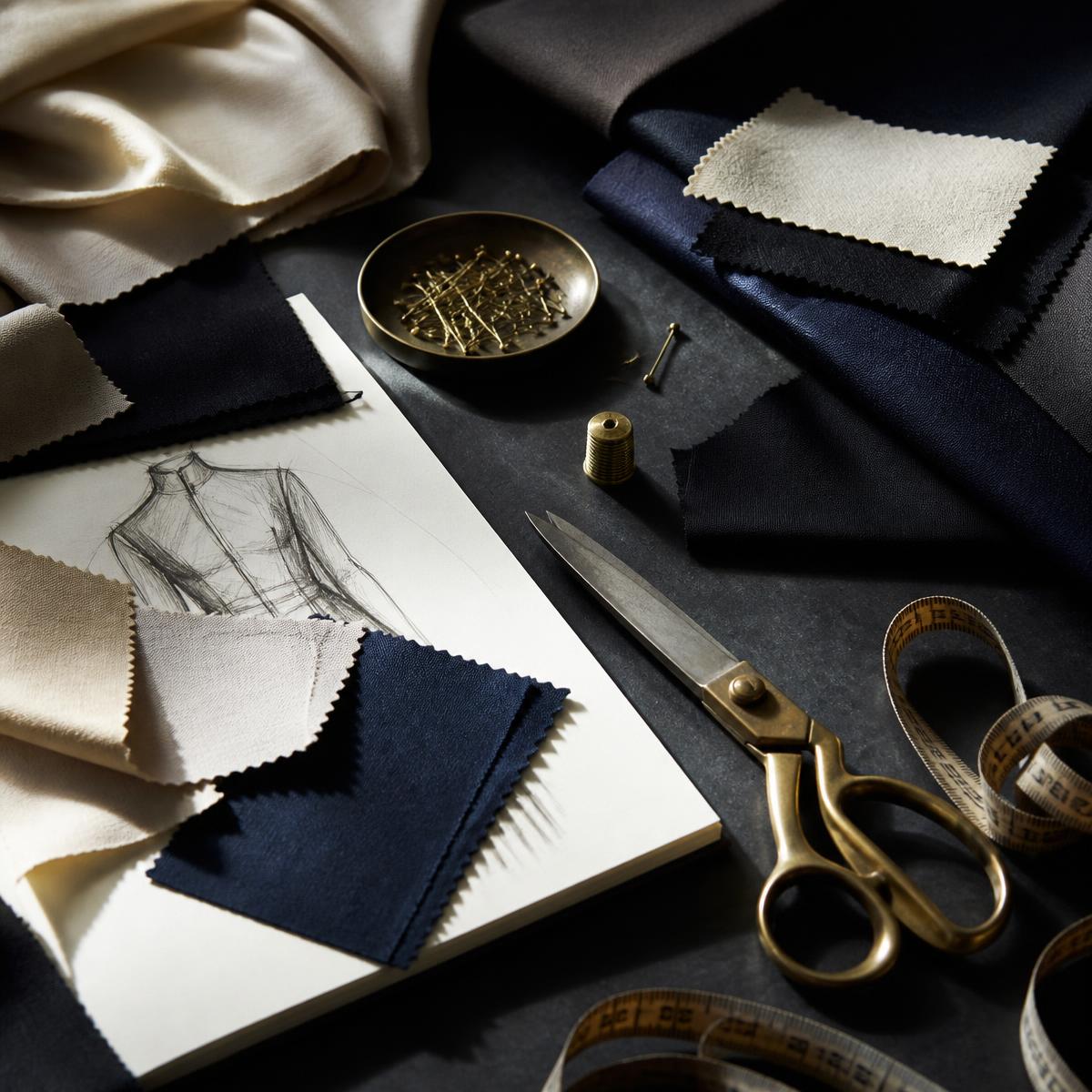 Fabric swatches, a tape measure, and design tools on a studio table