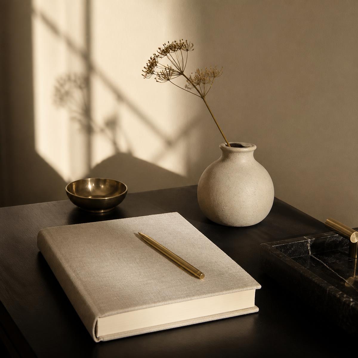 A calm studio desk with a linen-bound notebook, brass pen, and morning light