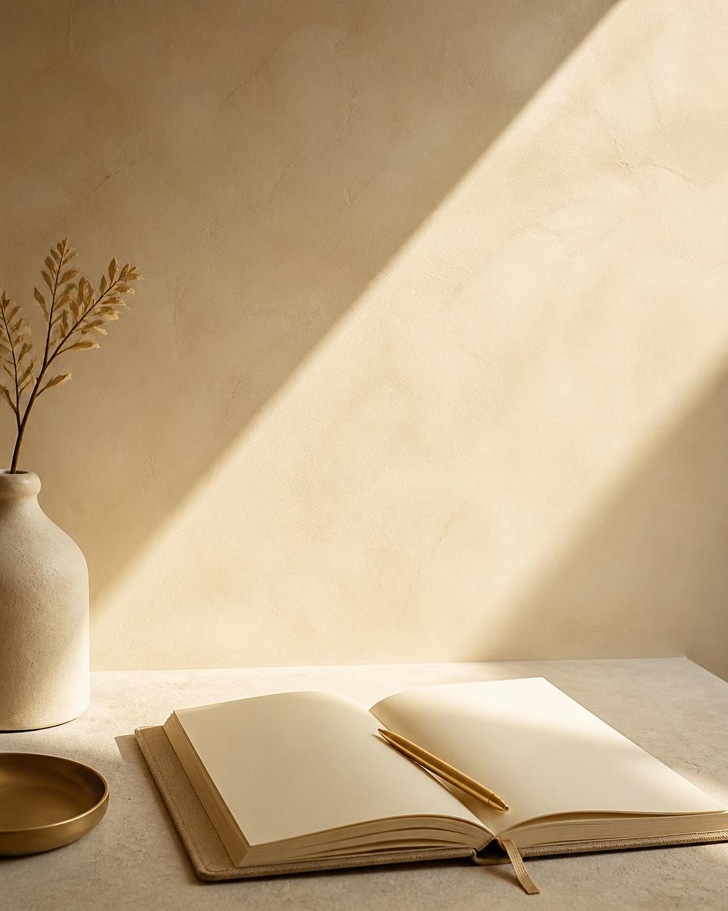 Warm gold light falling across folded linen and a ceramic vessel