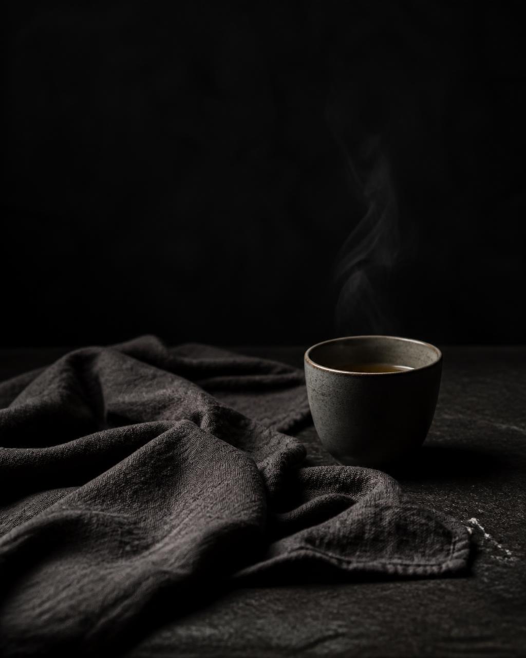 A dark charcoal still life with a single linen ribbon catching the light