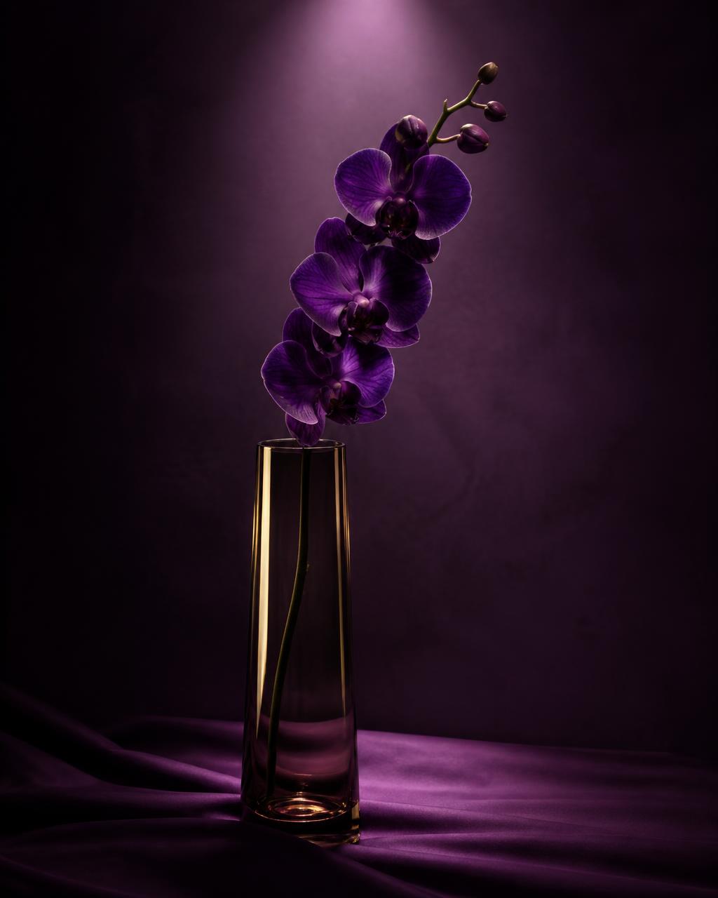 A soft violet silk form rising against a deep plum field